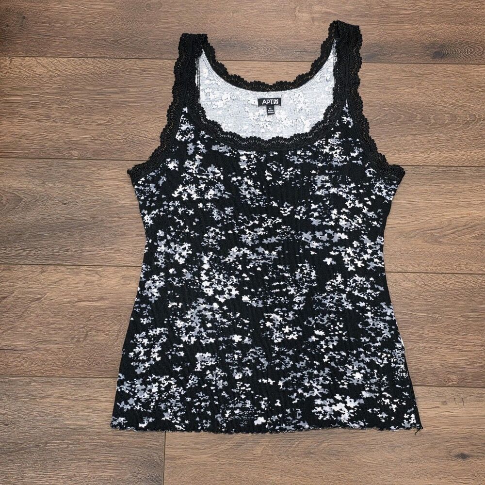 Lace Trim Ribbed Tank Top APT 9 XL Abstract Floral Y2K Style Grunge Black Gray